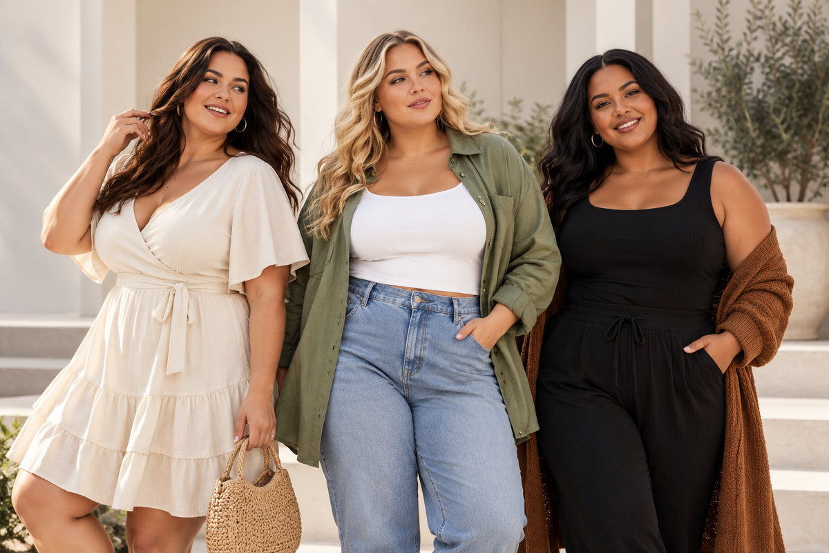 Three women wearing stylish plus size outfits for an affordable fashion alternatives guide
