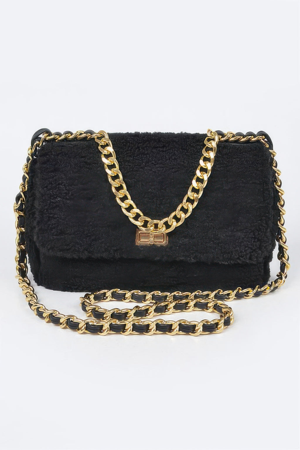 Faux Fur Shoulder Bag with black textured faux fur body and gold and black chain strap, featuring a gold clasp closure.