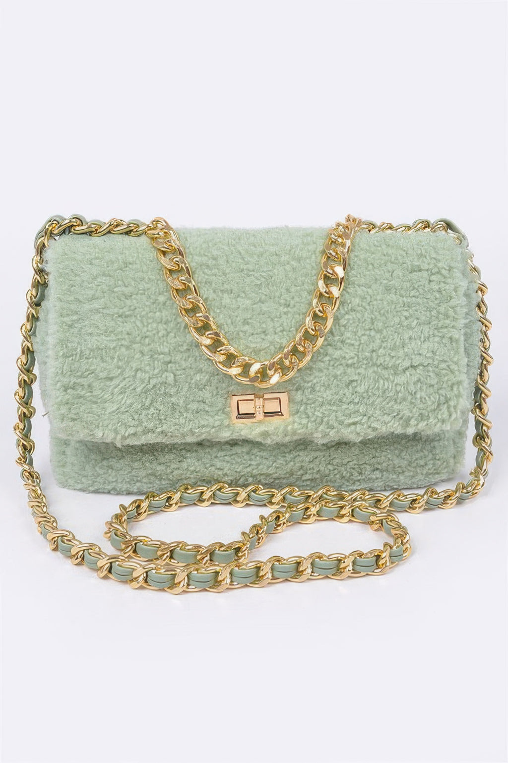 Faux Fur Shoulder Bag with gold chain strap and light green textured exterior on a white background.