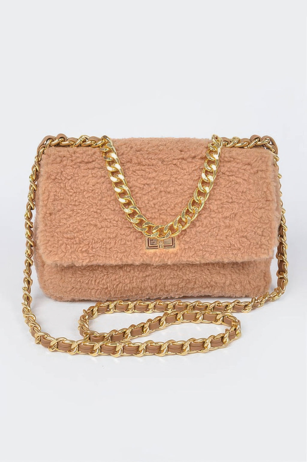 Faux Fur Shoulder Bag with gold chain strap and clasp, soft pink textured faux fur material, stylish accessory for evening