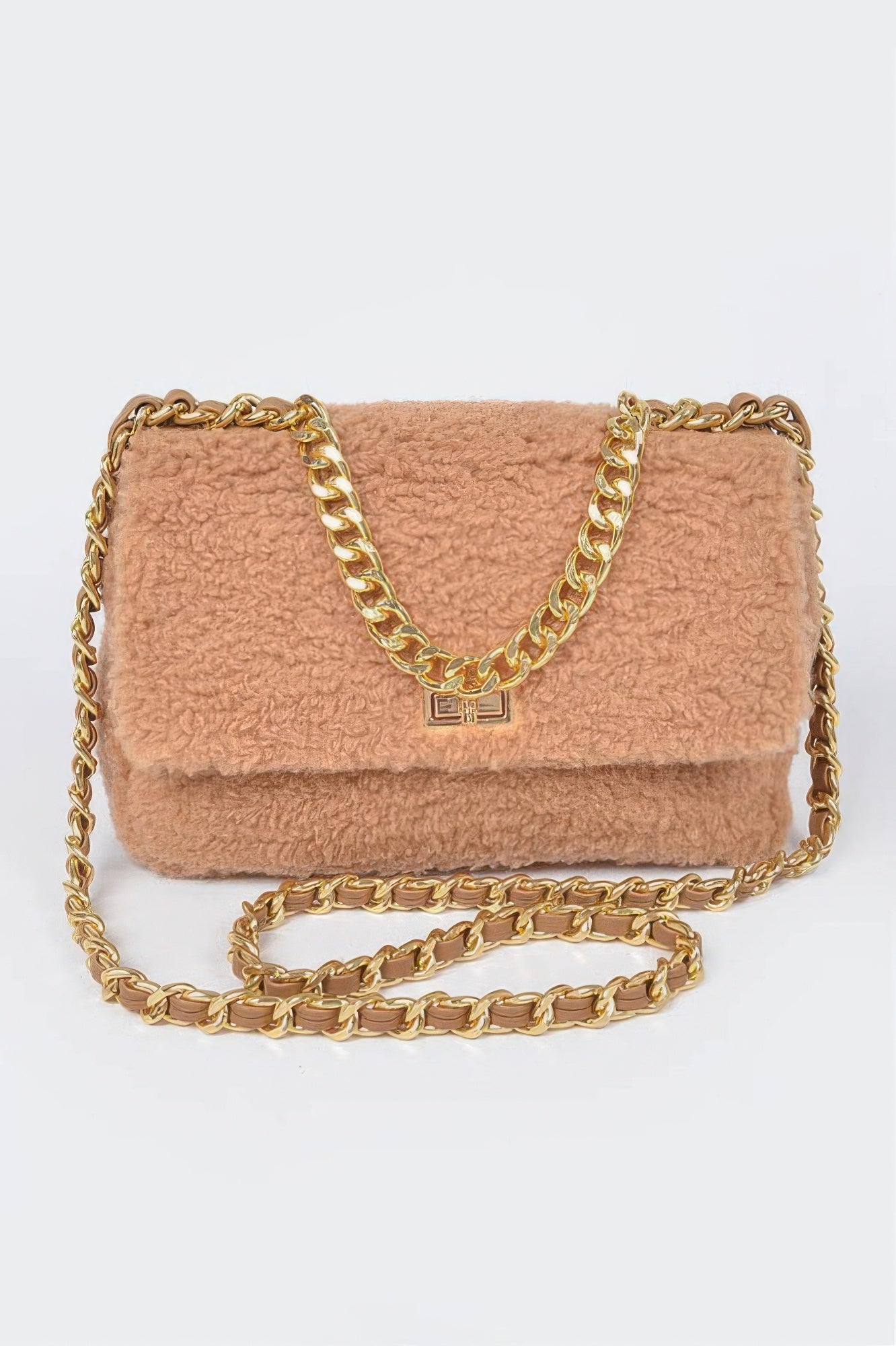 Faux Fur Shoulder Bag with gold chain strap and clasp, soft pink textured faux fur material, stylish accessory for evening