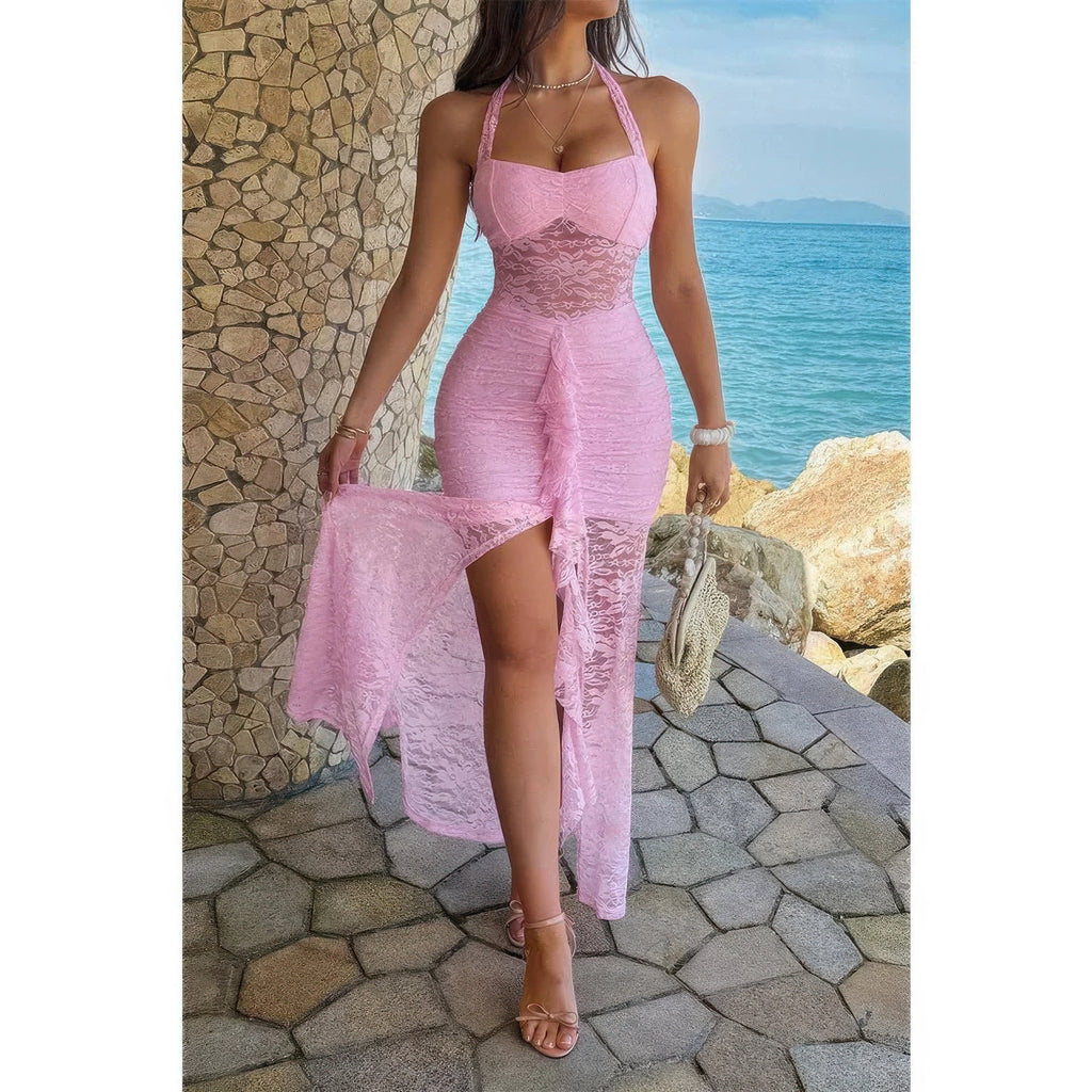 Pink lace bodycon dress with draped and ruched details, worn with nude high-heeled sandals and layered necklaces, by the