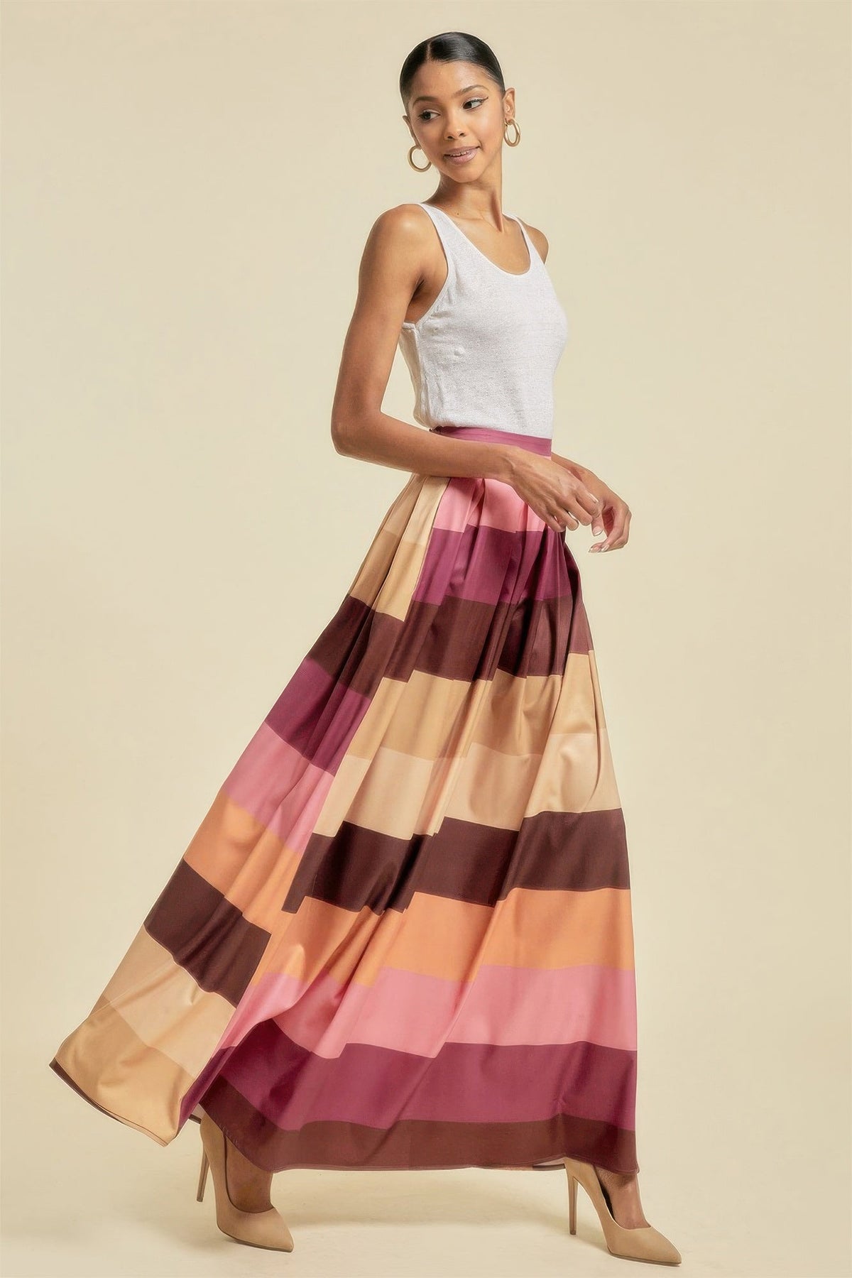 Color Block Maxi Skirt With Pockets - Clusimo