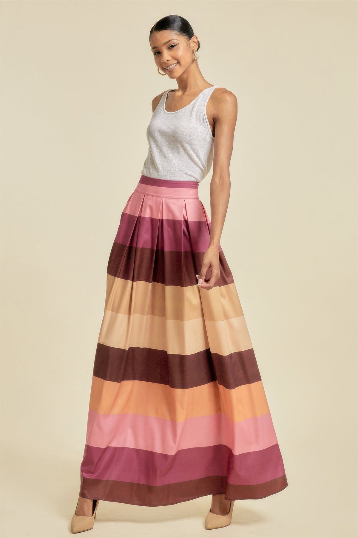Color Block Maxi Skirt With Pockets - Clusimo