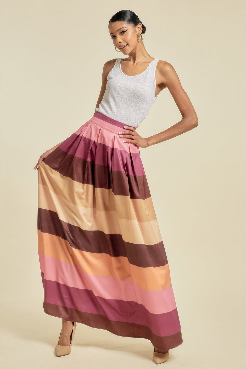 Color Block Maxi Skirt With Pockets - Clusimo