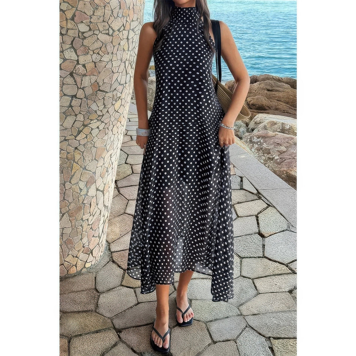 Halter Polka Dot Back Knot Tulle Dress - Clusimo