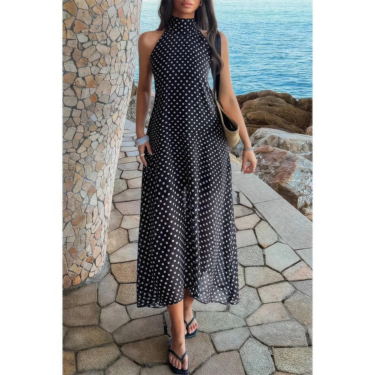 Halter Polka Dot Back Knot Tulle Dress - Clusimo