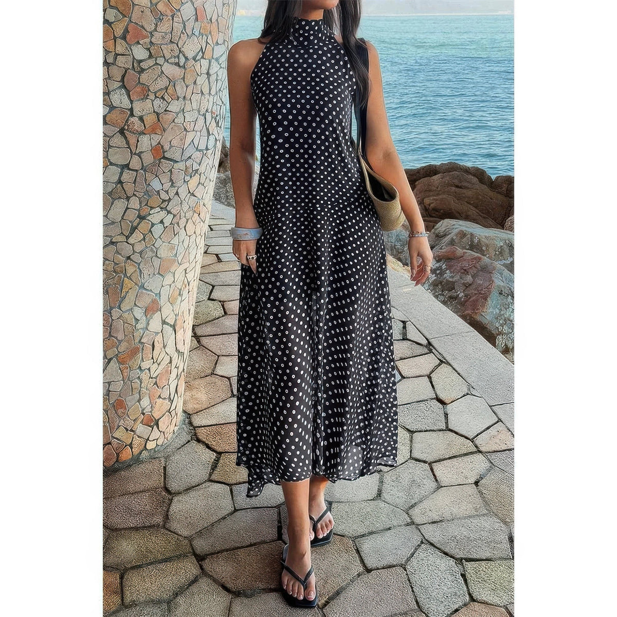 Halter Polka Dot Back Knot Tulle Dress - Clusimo