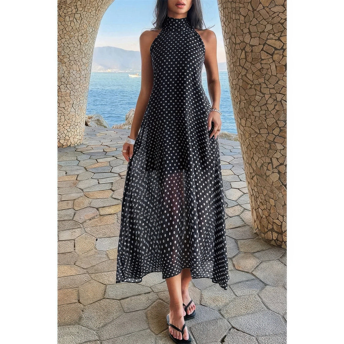 Halter Polka Dot Back Knot Tulle Dress - Clusimo