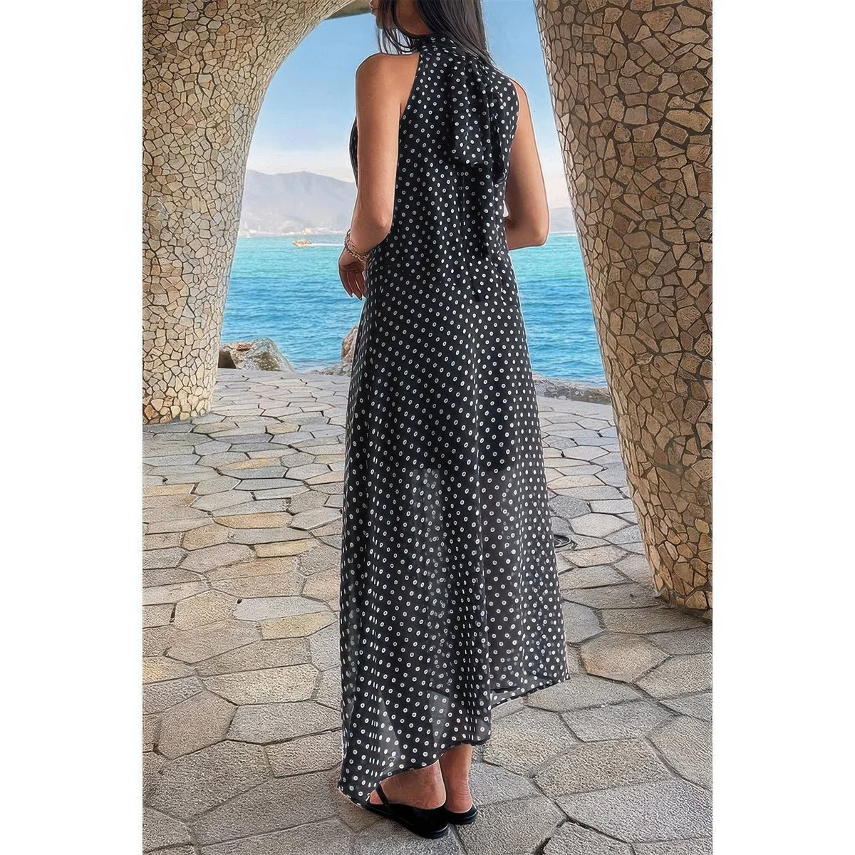 Halter Polka Dot Back Knot Tulle Dress - Clusimo