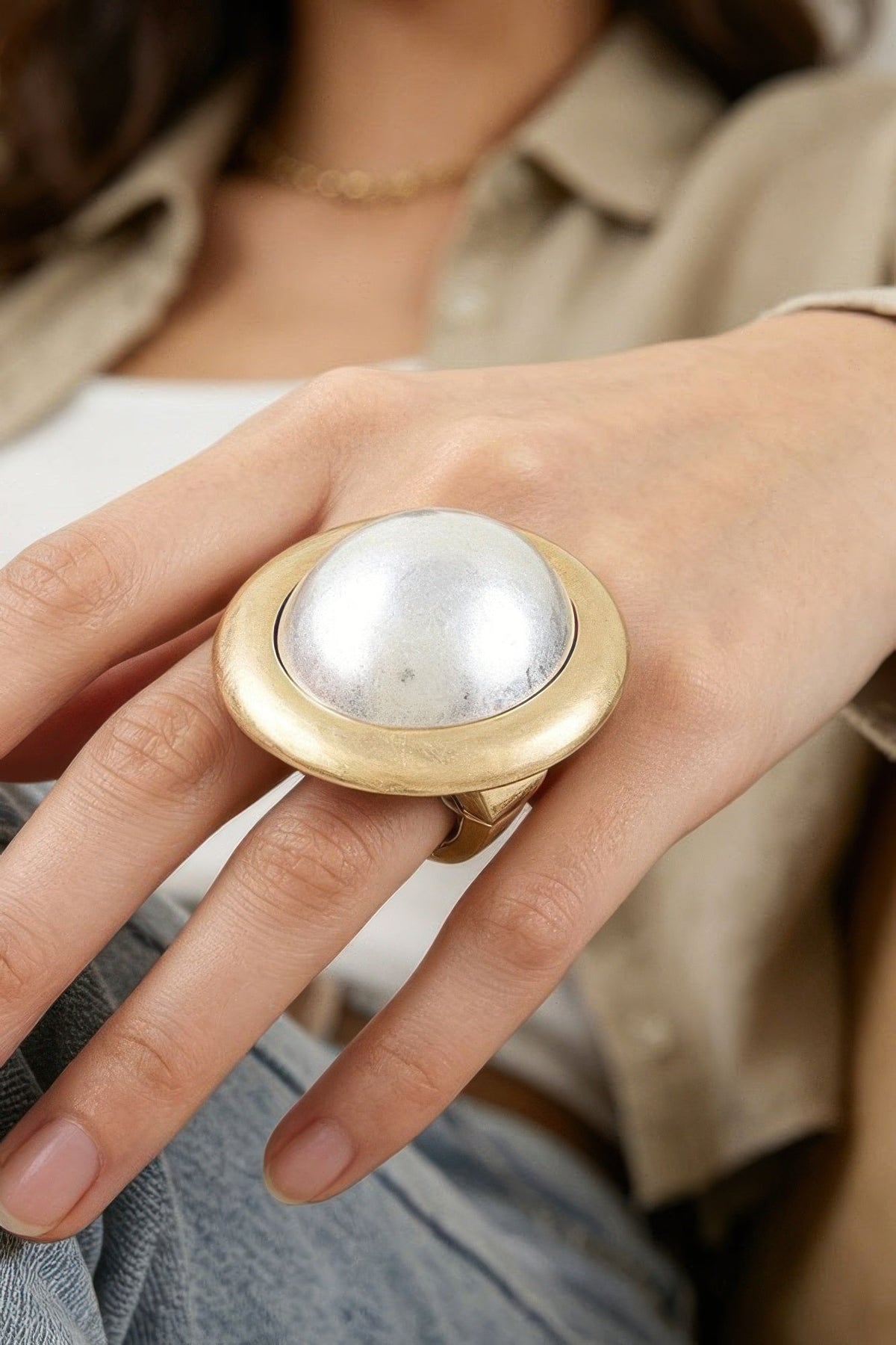 Hammered Pearl Dome Statement Ring - Clusimo