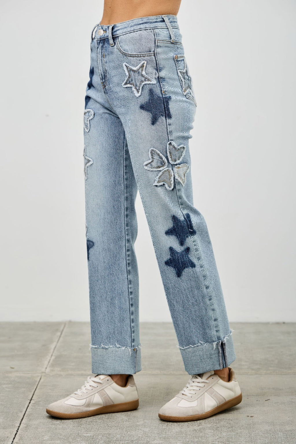 High Rise Star & Heart Patched Dad Jean W/stretch - Clusimo