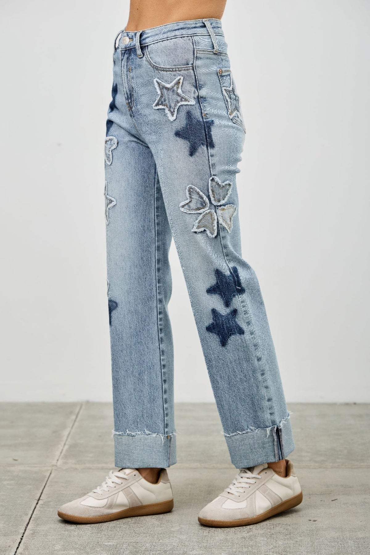 High Rise Star & Heart Patched Dad Jean W/stretch - Clusimo
