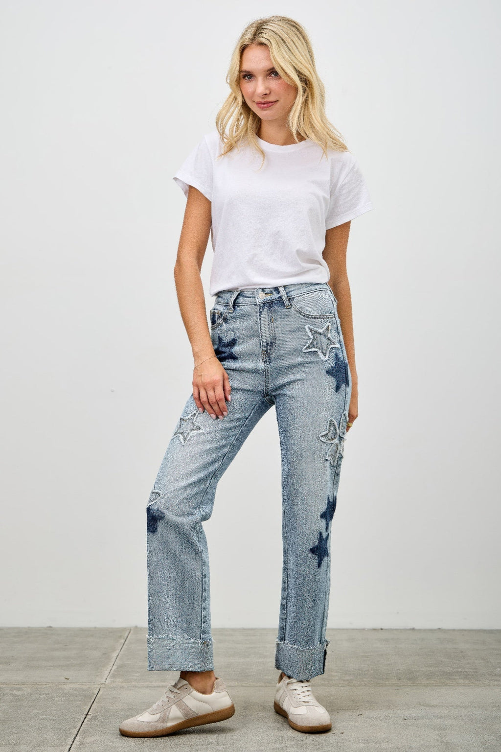 High Rise Star & Heart Patched Dad Jean W/stretch - Clusimo