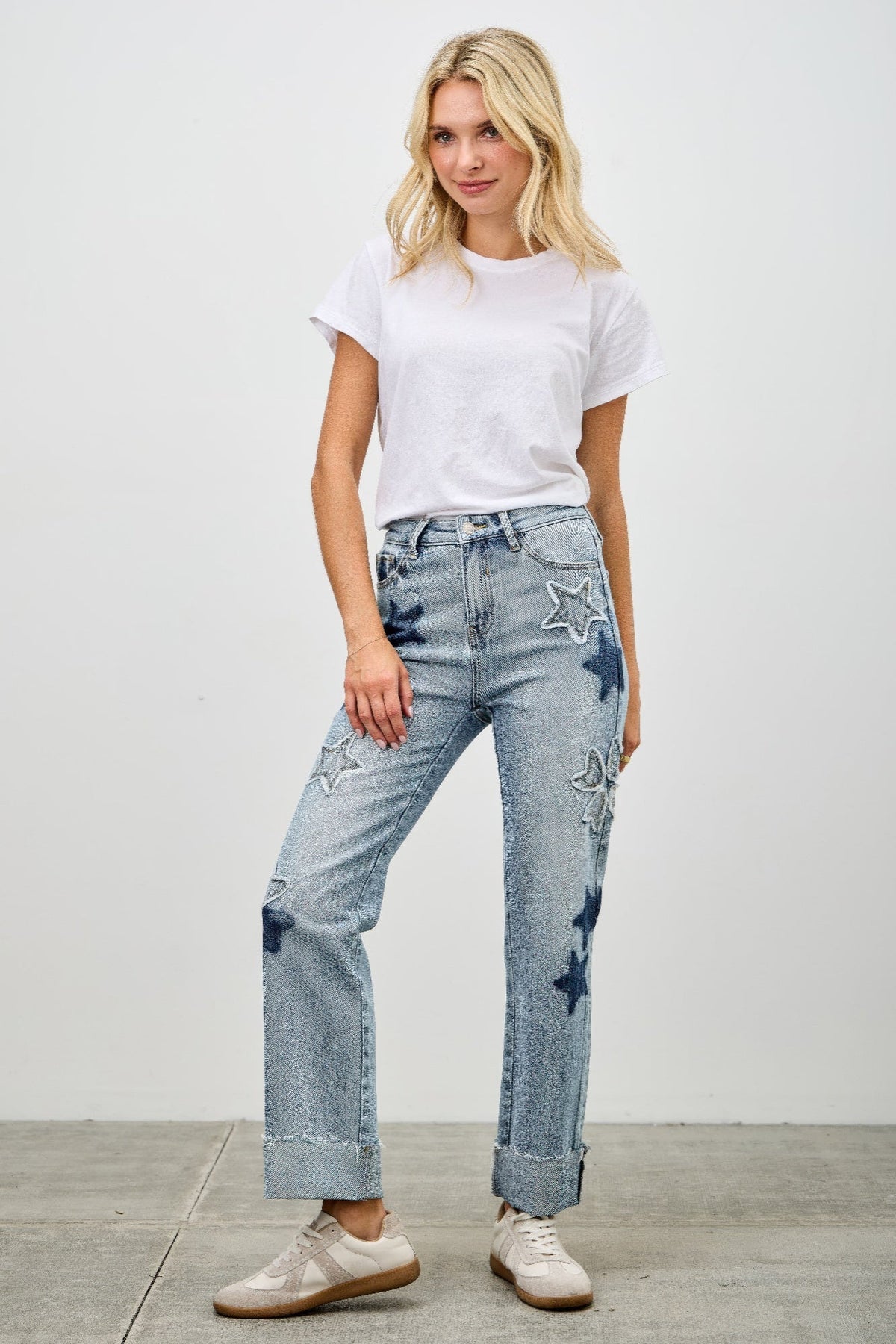 High Rise Star & Heart Patched Dad Jean W/stretch - Clusimo