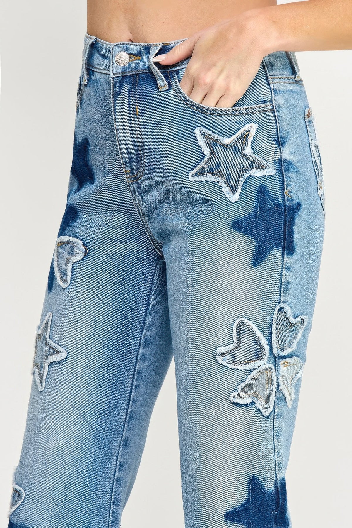 High Rise Star & Heart Patched Dad Jean W/stretch - Clusimo