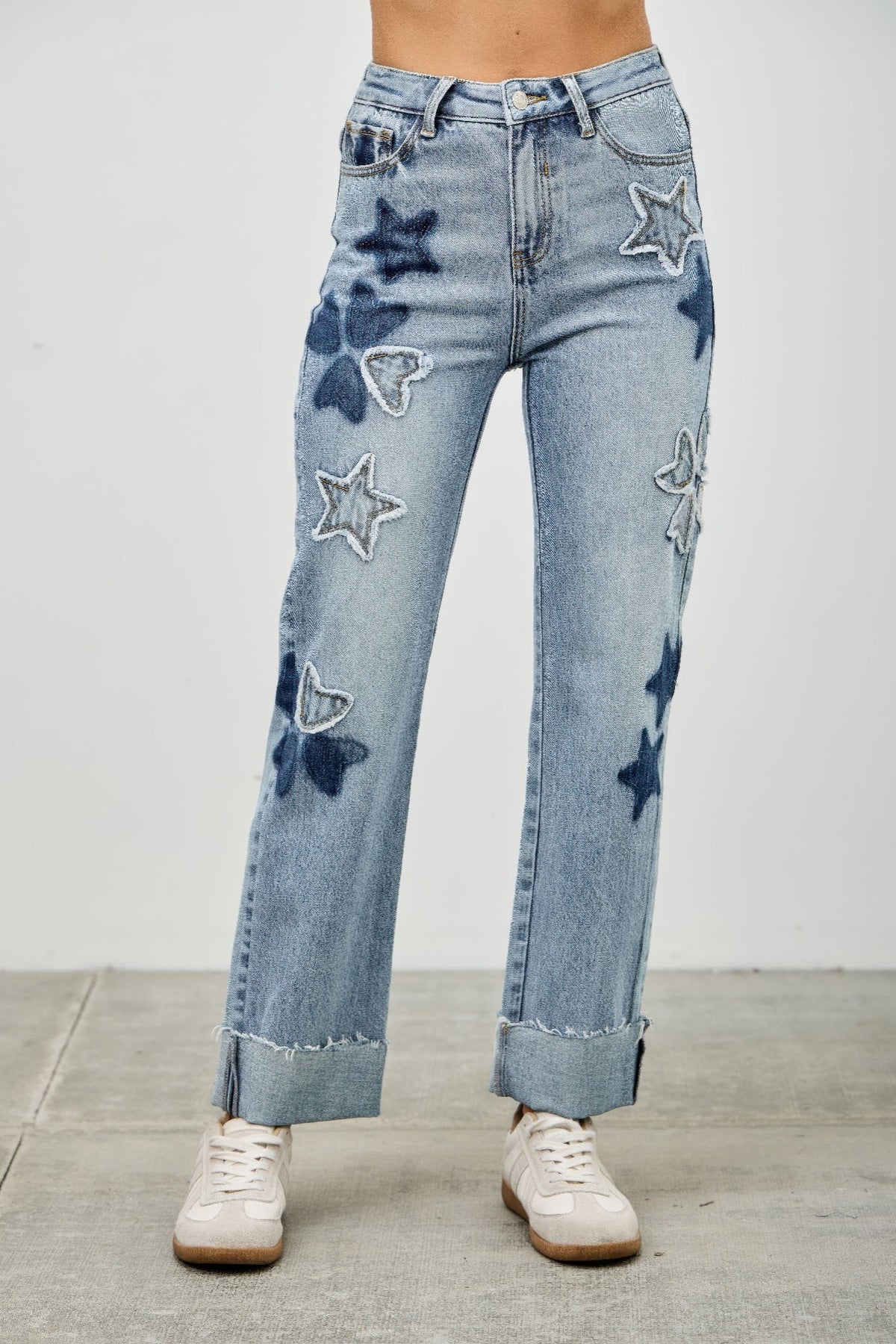 High Rise Star & Heart Patched Dad Jean W/stretch - Clusimo