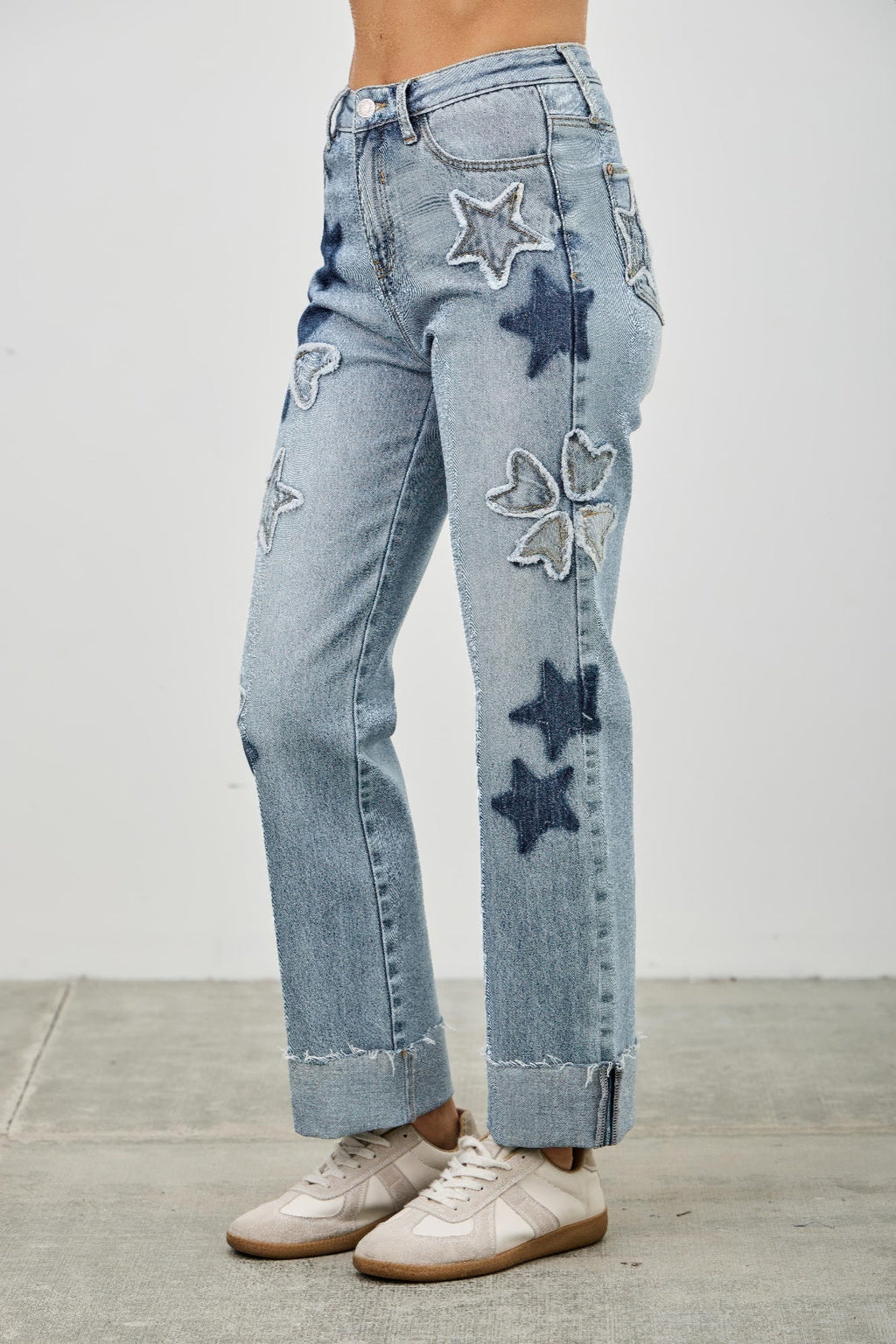 High Rise Star & Heart Patched Dad Jean W/stretch - Clusimo