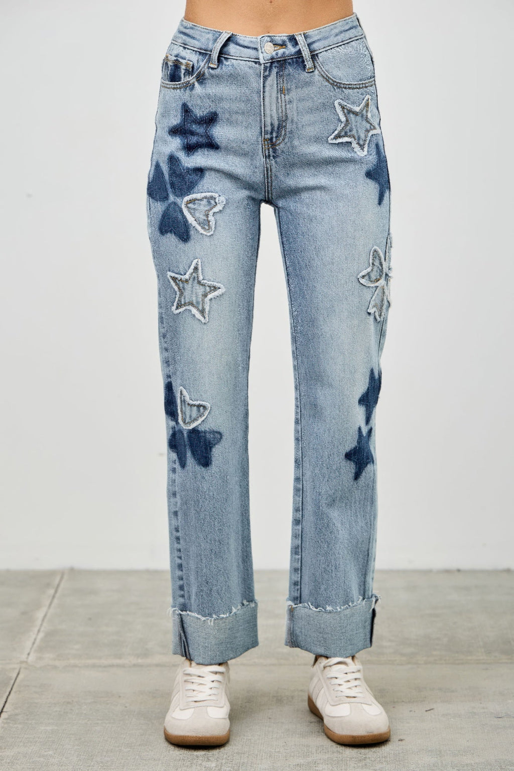 High Rise Star & Heart Patched Dad Jean W/stretch - Clusimo