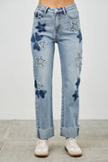 High Rise Star & Heart Patched Dad Jean W/stretch - Clusimo