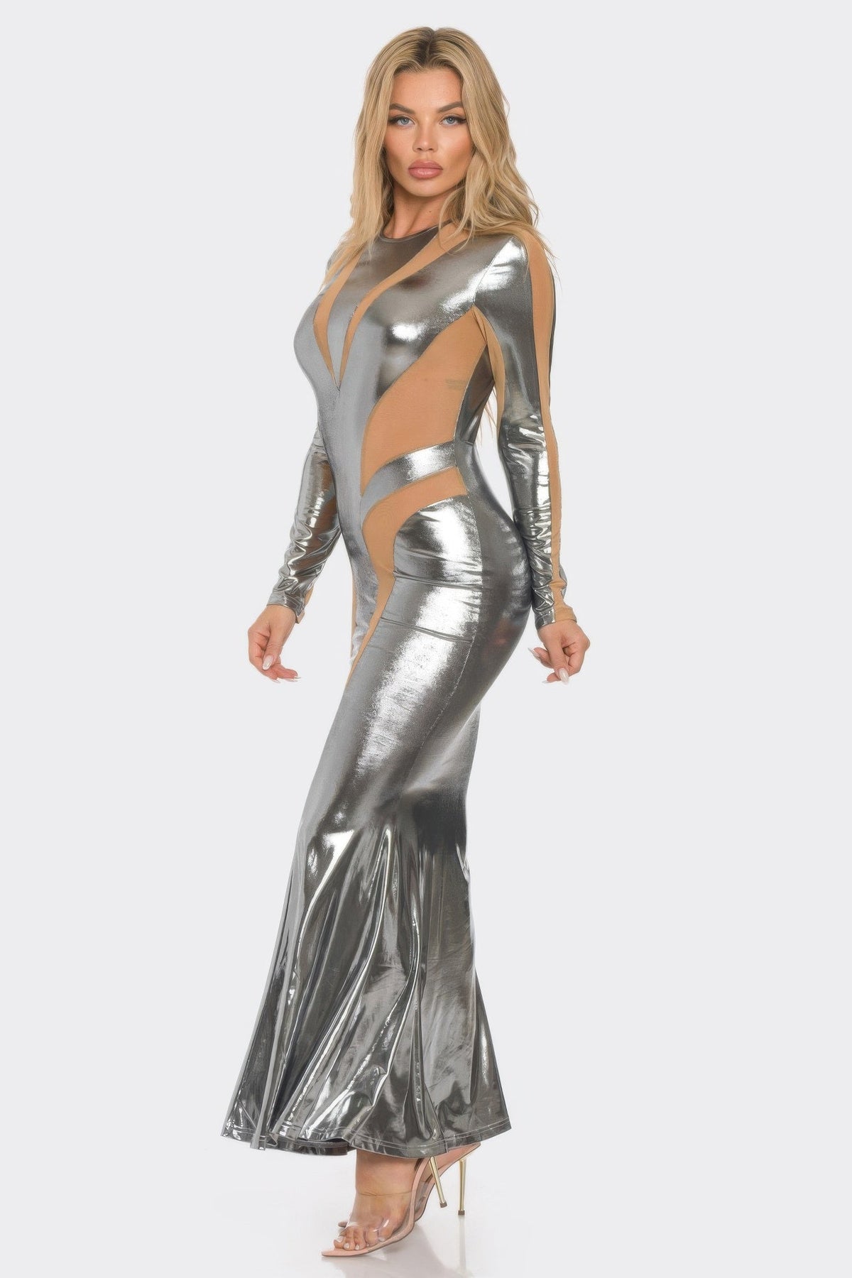 Mesh Cut Out Detail Maxi Dress - Clusimo