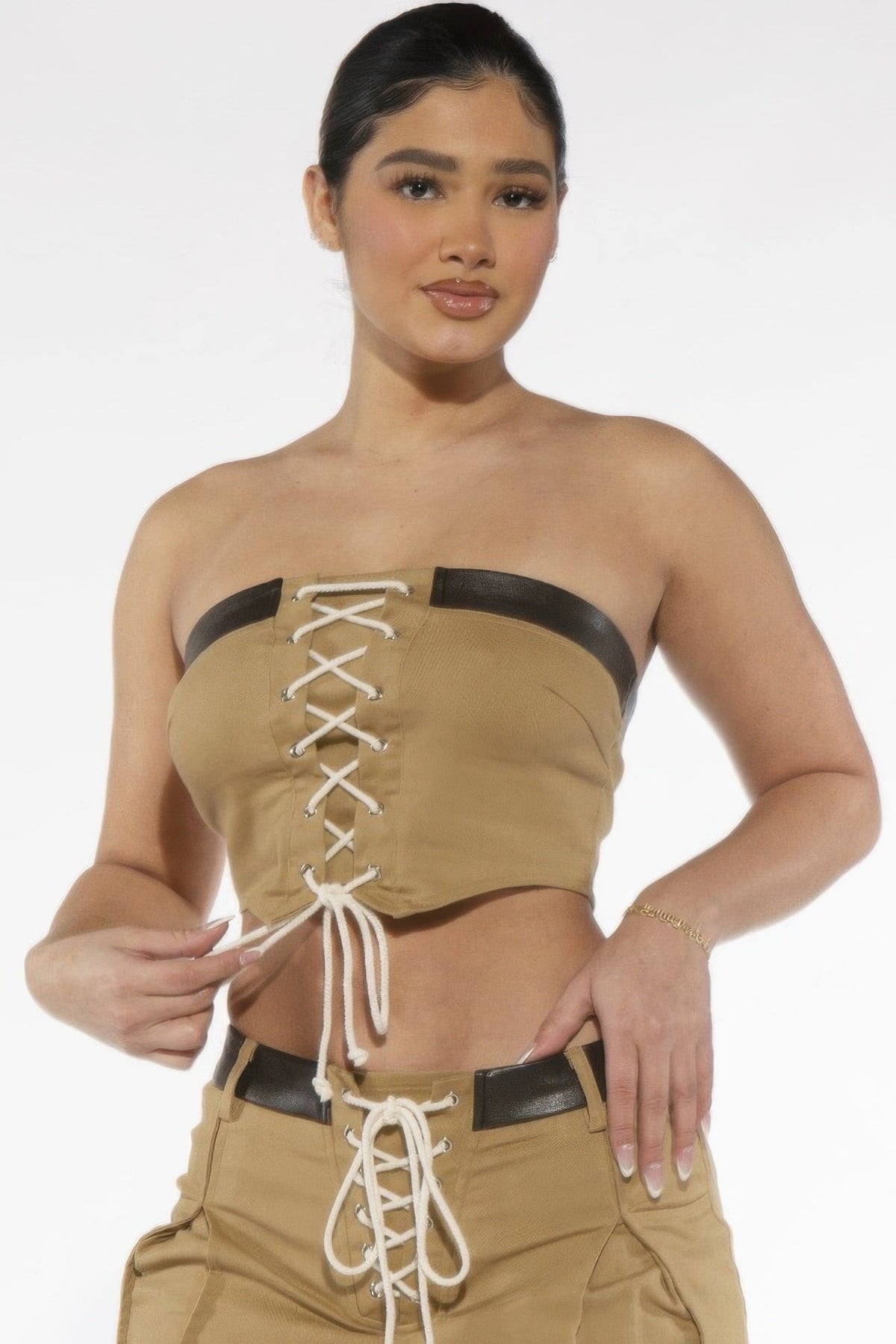 Off Shoulder Lace Up Twill Denim Tibe Corset Top - Clusimo