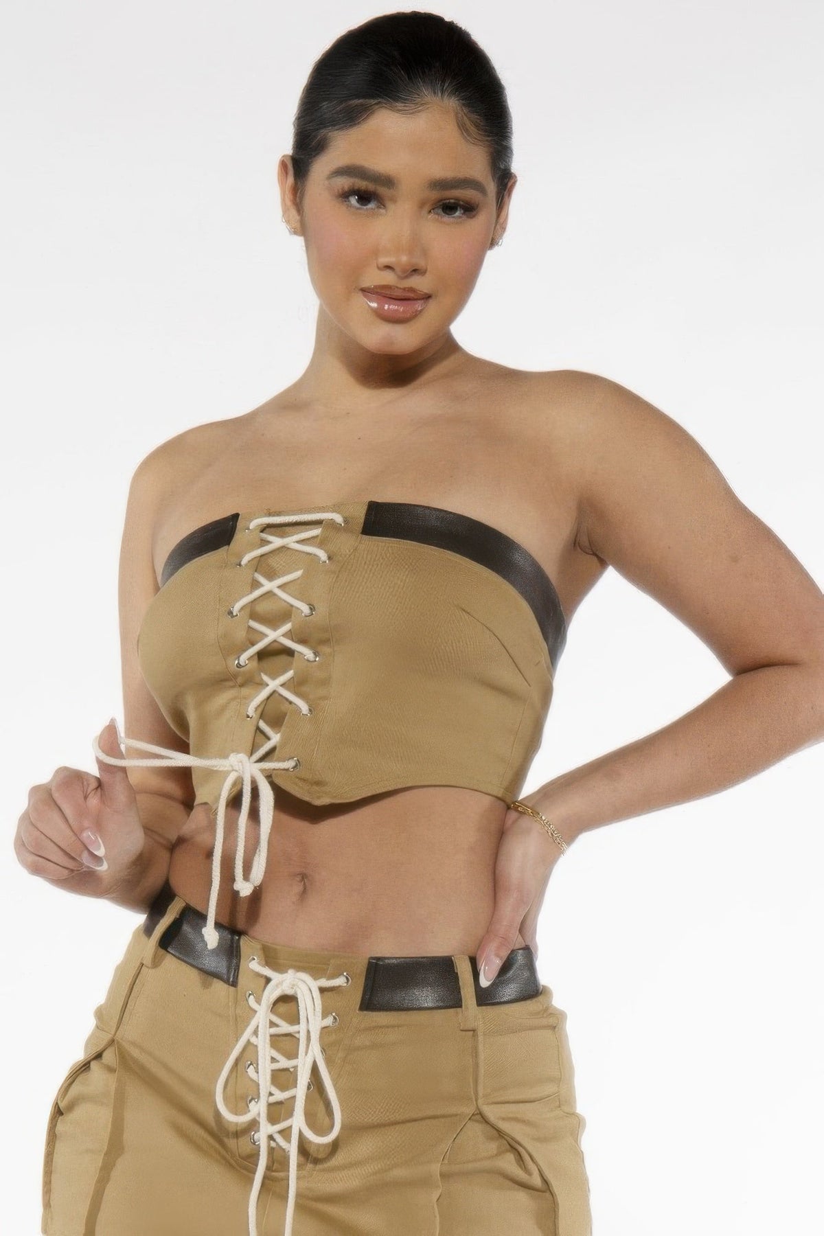 Off Shoulder Lace Up Twill Denim Tibe Corset Top - Clusimo