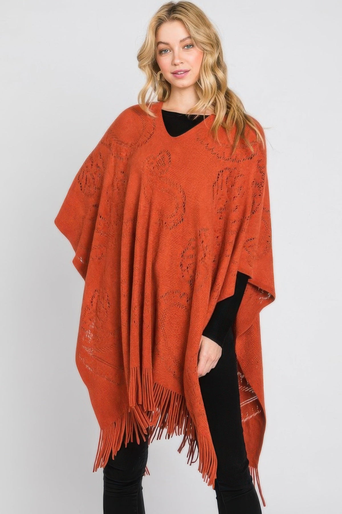 Paisley Pattern Fringe Poncho - Clusimo