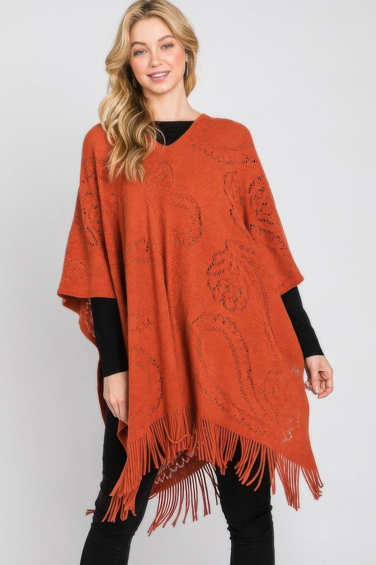 Paisley Pattern Fringe Poncho - Clusimo