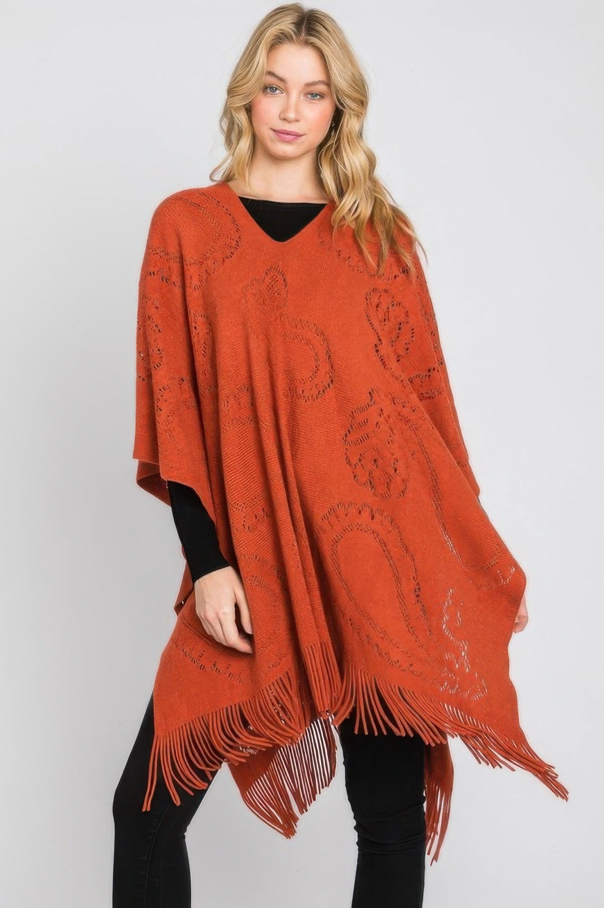 Paisley Pattern Fringe Poncho - Clusimo