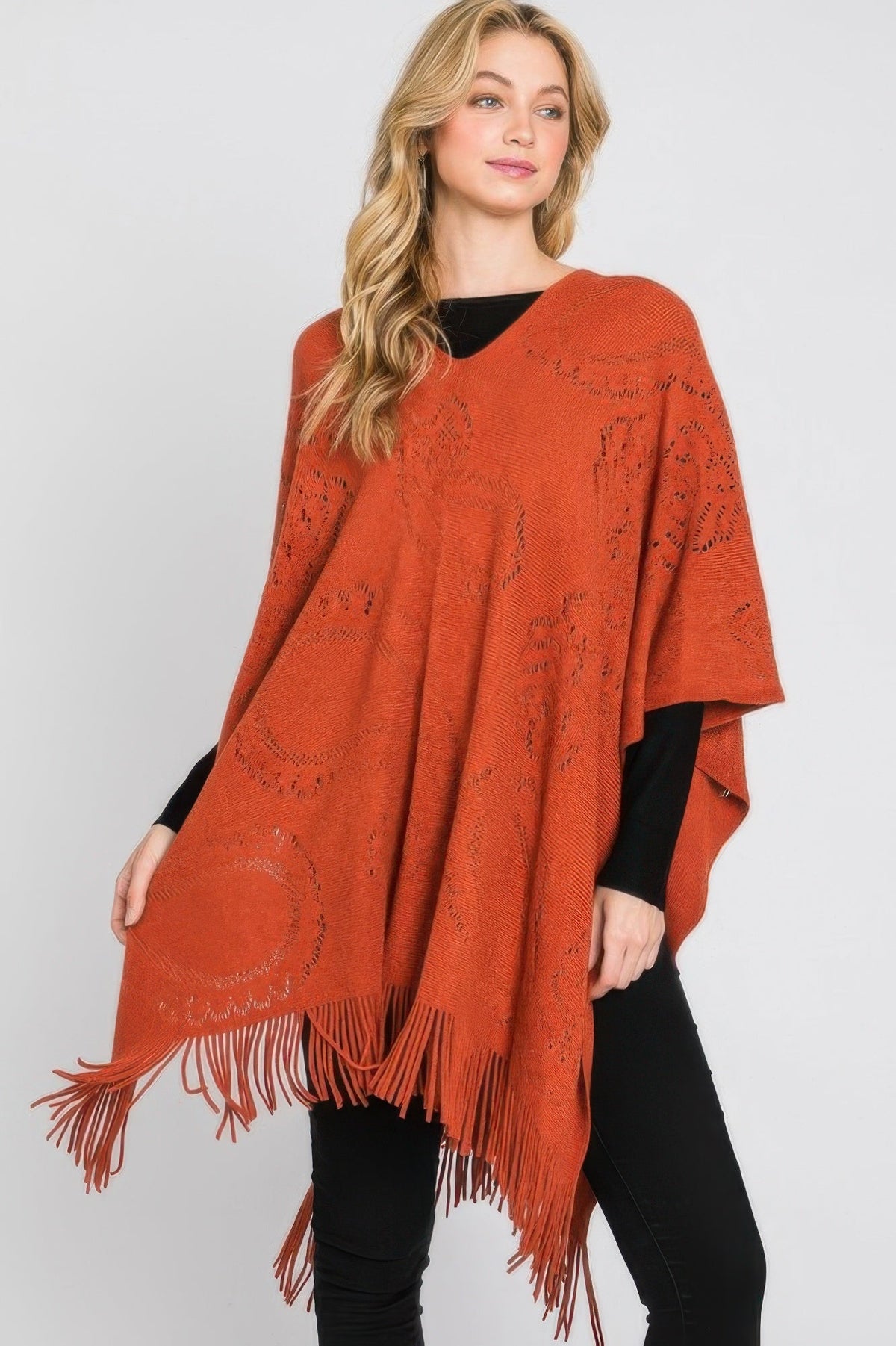 Paisley Pattern Fringe Poncho - Clusimo