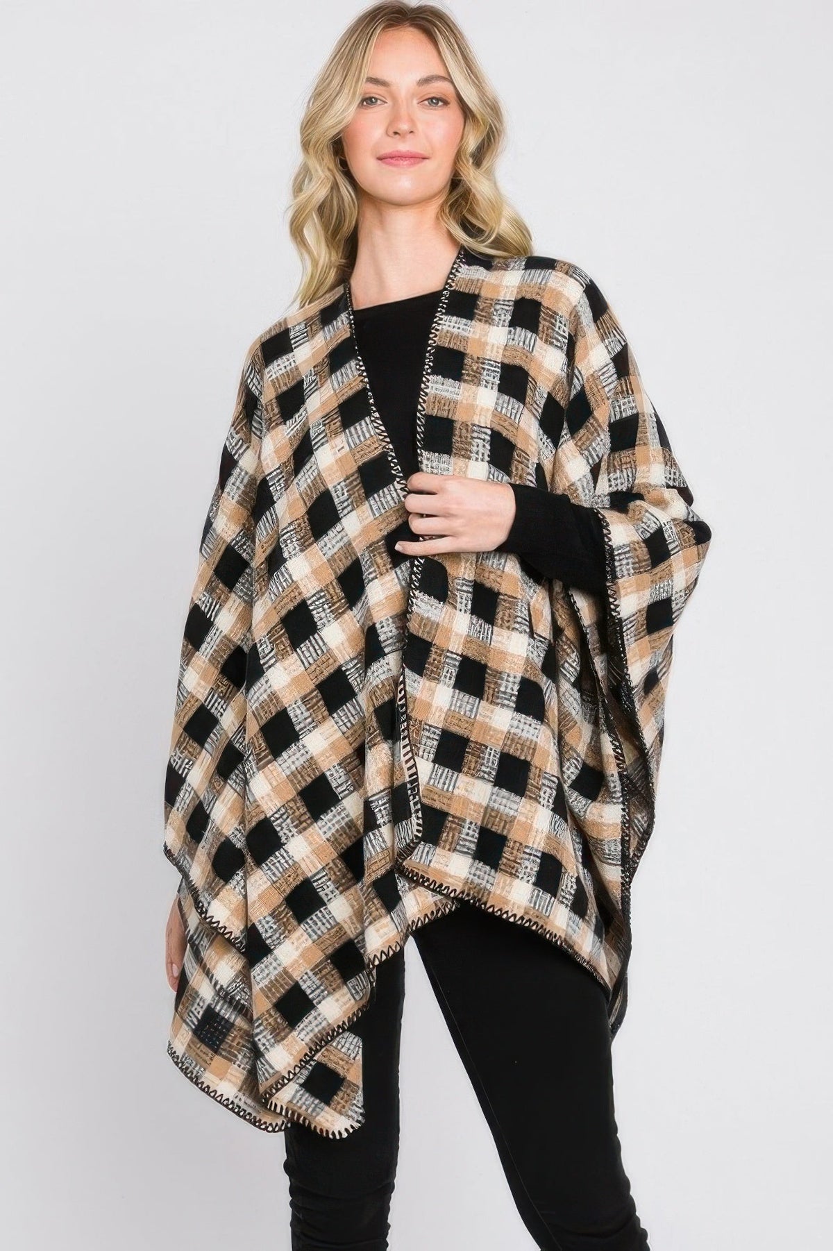 Plaid Pattern Ruana - Clusimo