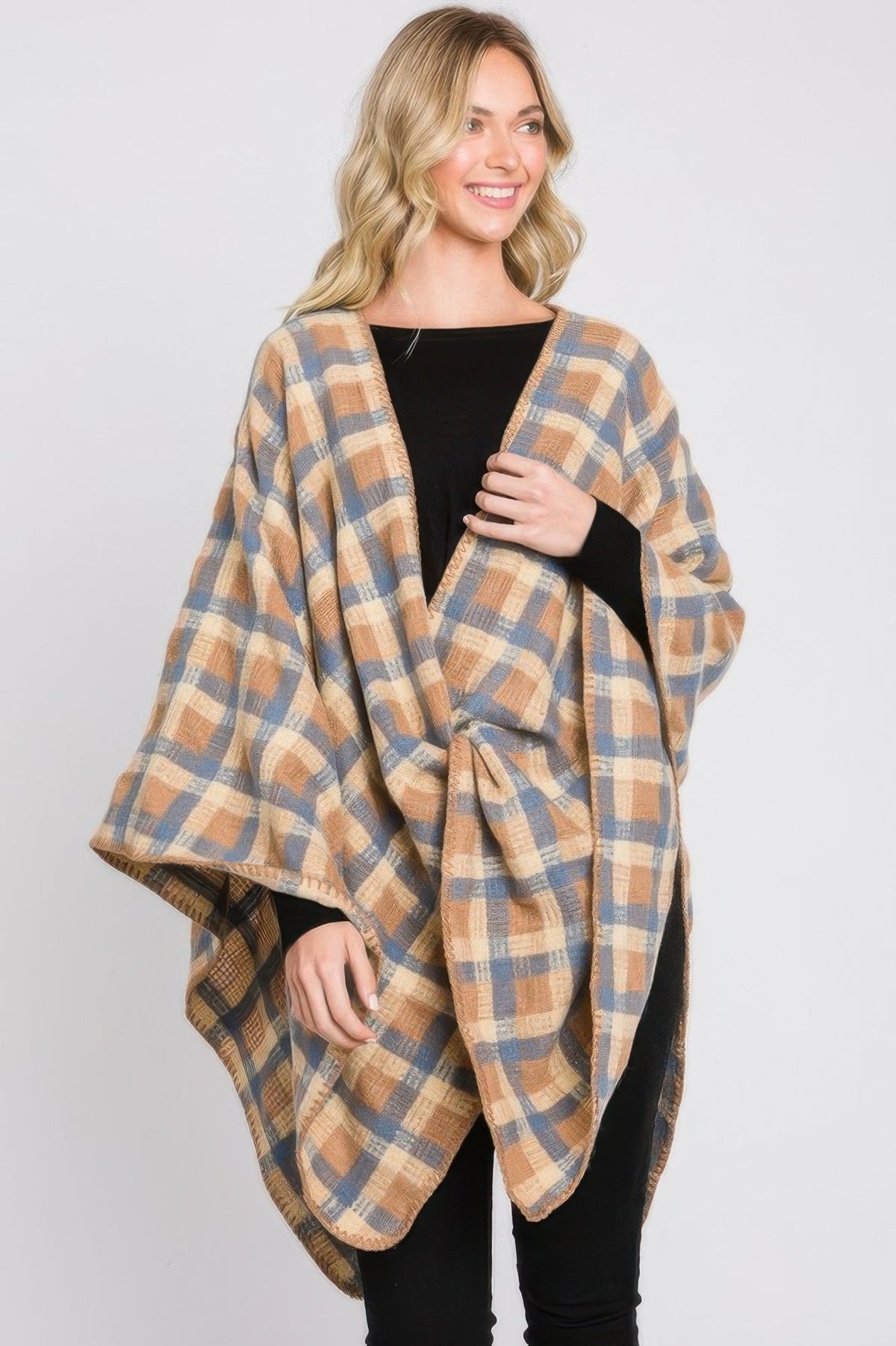 Plaid Pattern Ruana - Clusimo