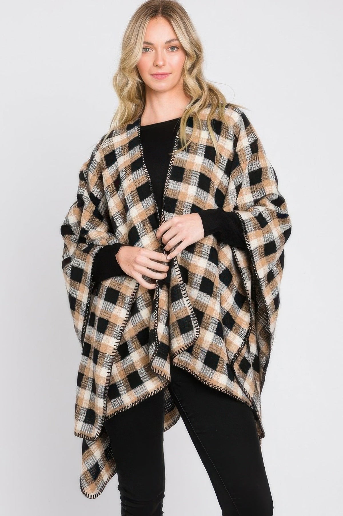Plaid Pattern Ruana - Clusimo