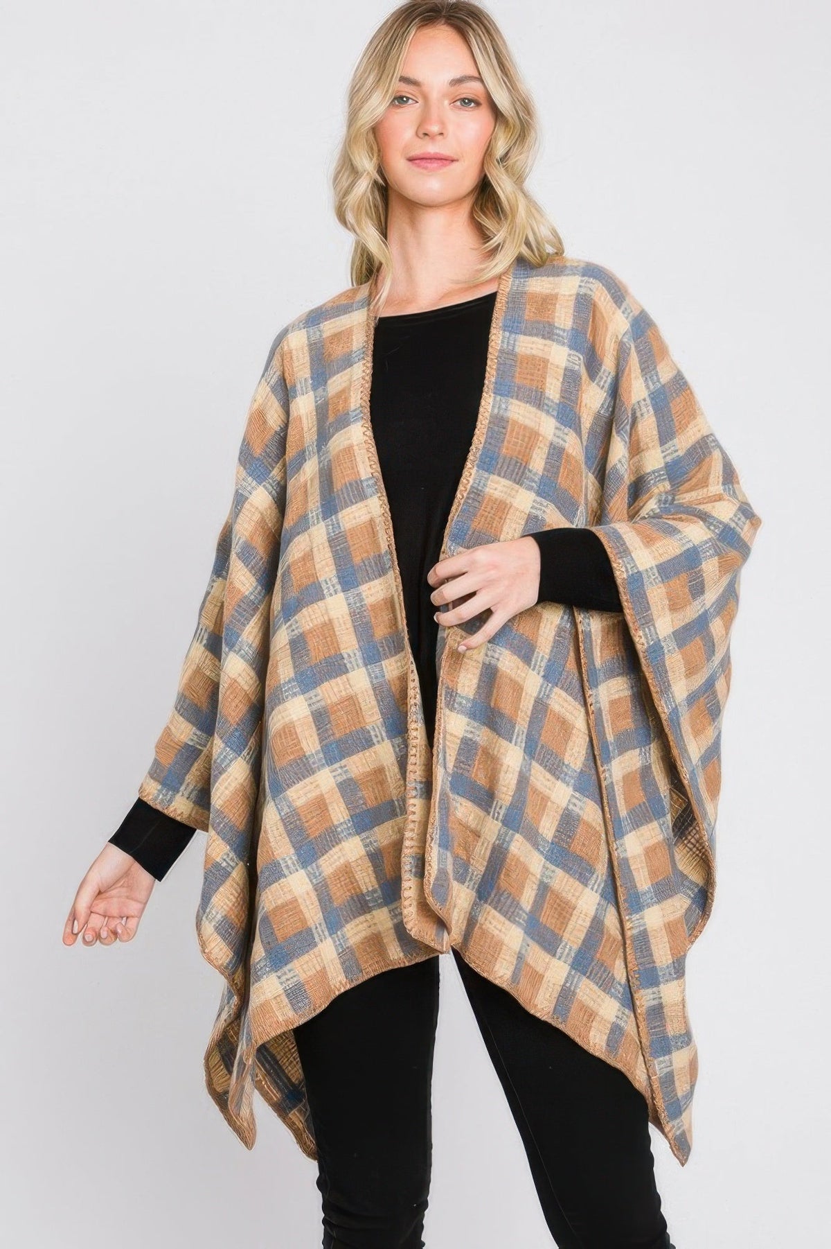 Plaid Pattern Ruana - Clusimo