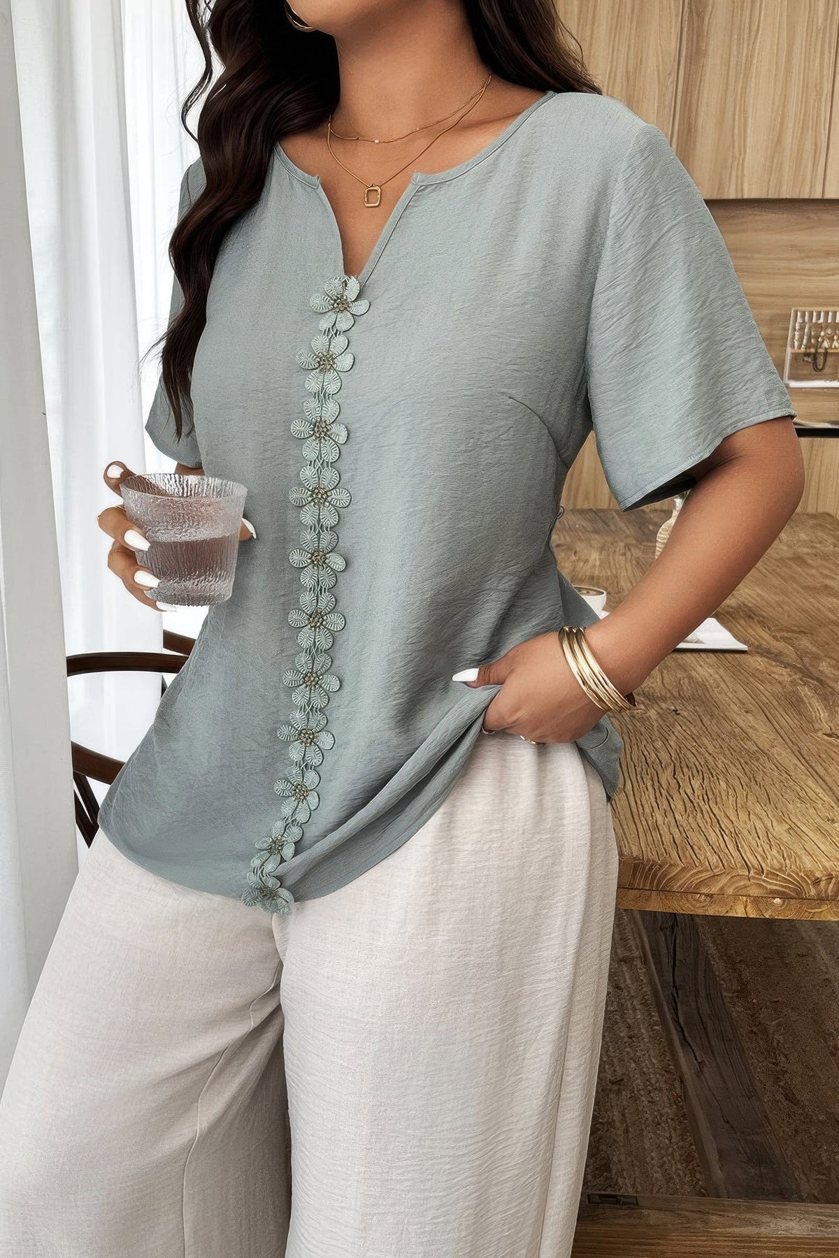 Plus Size Floral Patchwork Ruffle Trim Loose Top - Clusimo