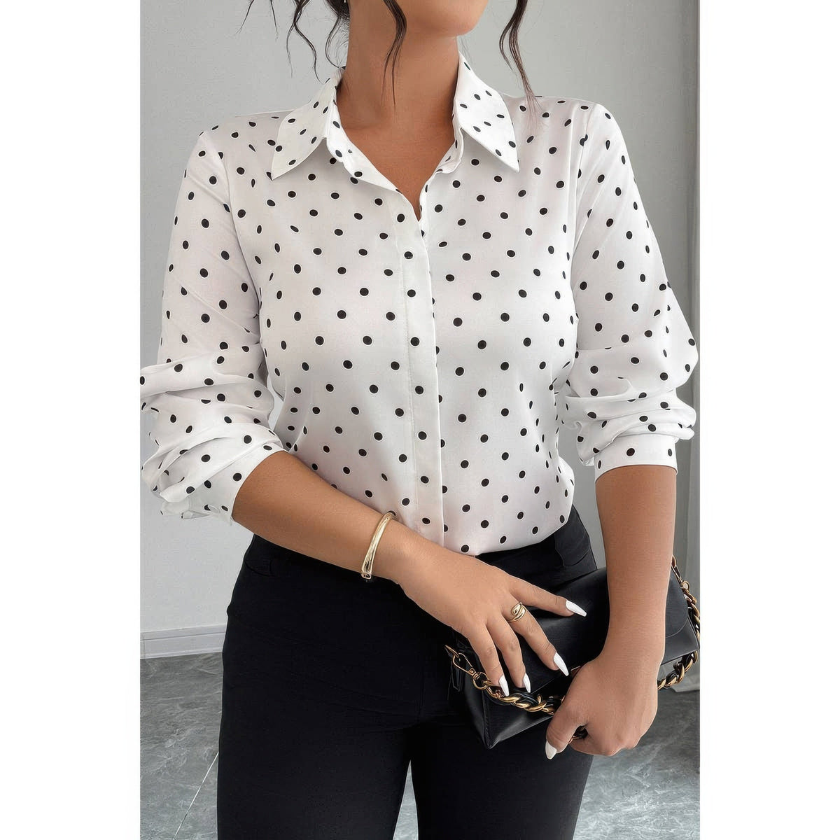 Plus Size Polka Dot Button Up Long Sleeve Shirt - Clusimo