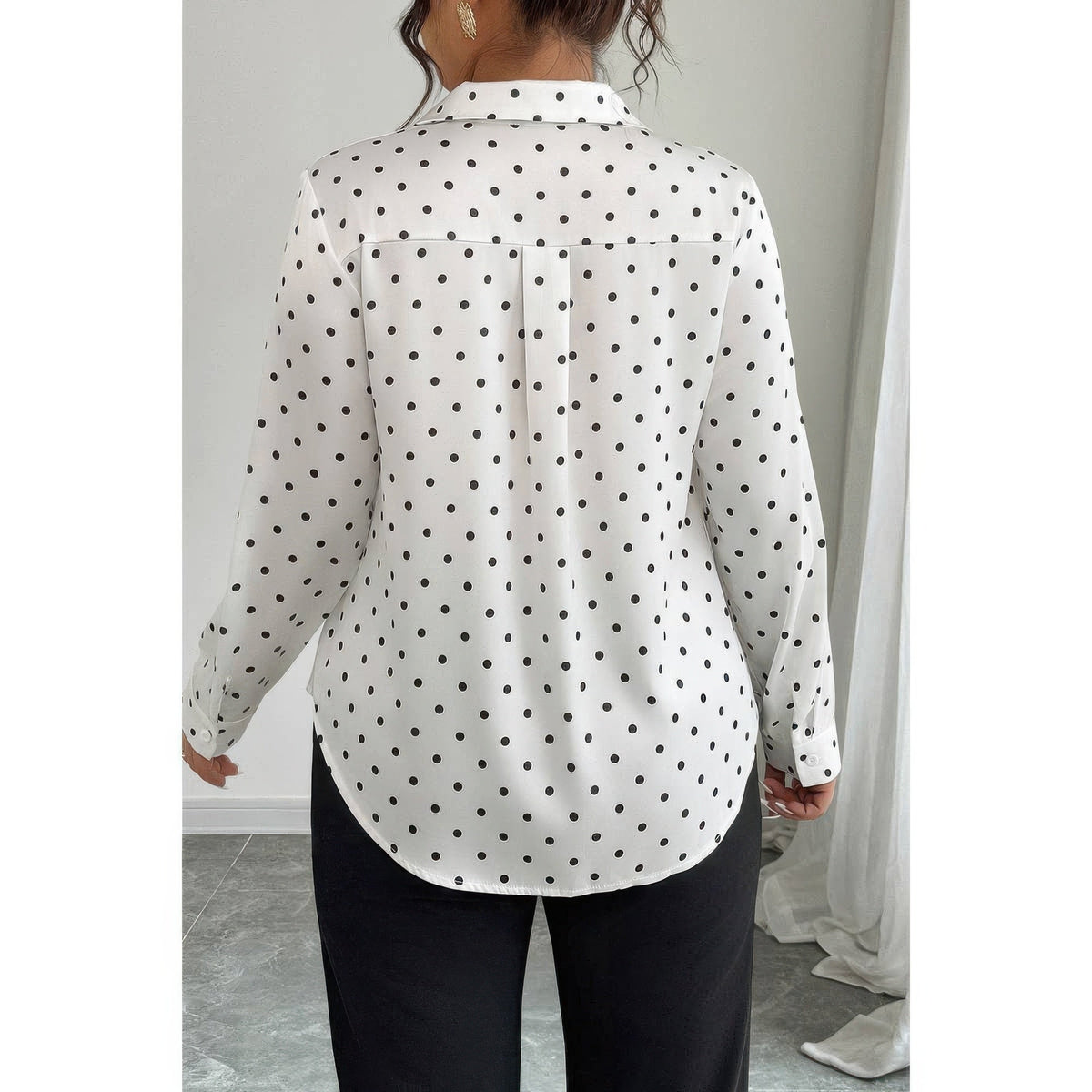 Plus Size Polka Dot Button Up Long Sleeve Shirt - Clusimo