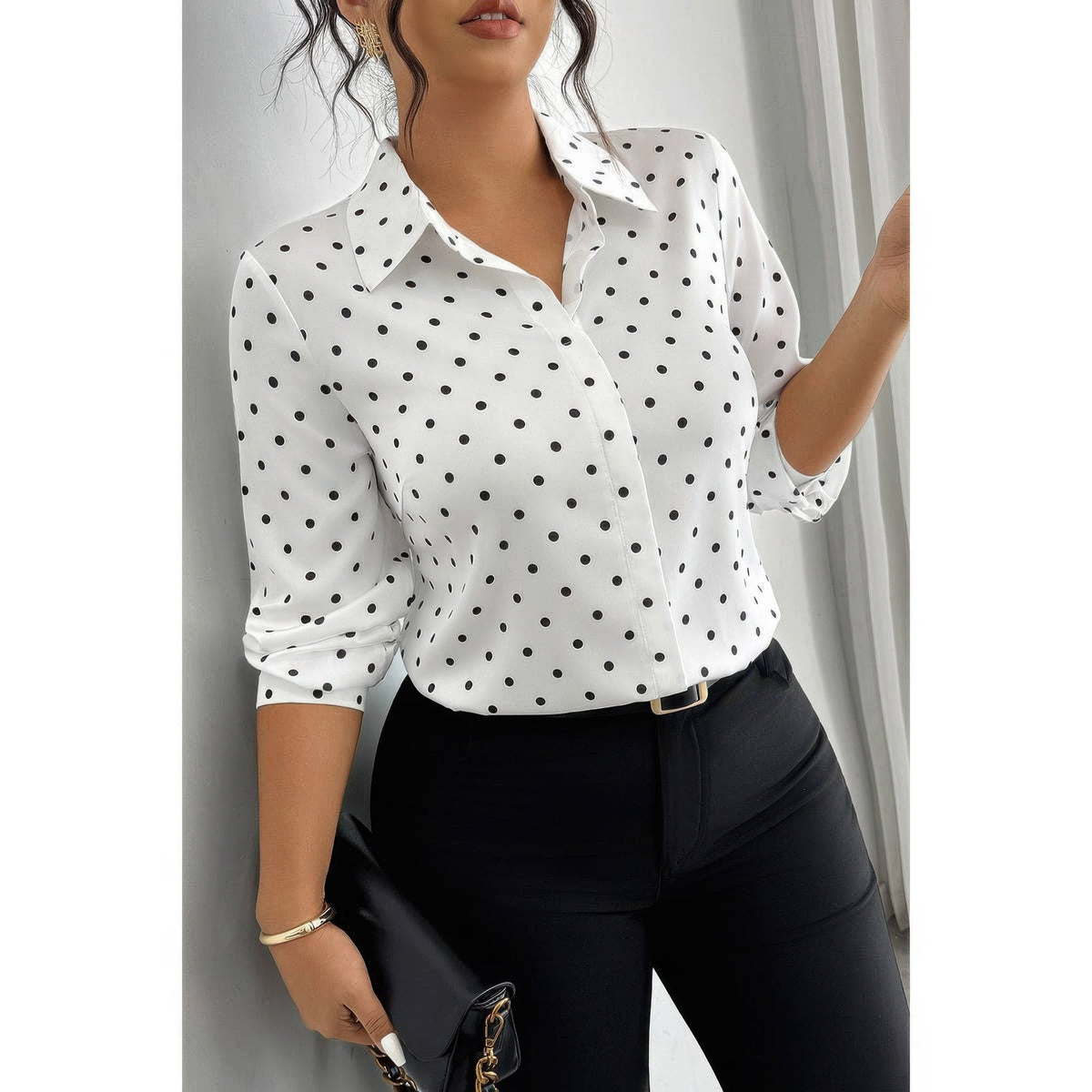 Plus Size Polka Dot Button Up Long Sleeve Shirt - Clusimo