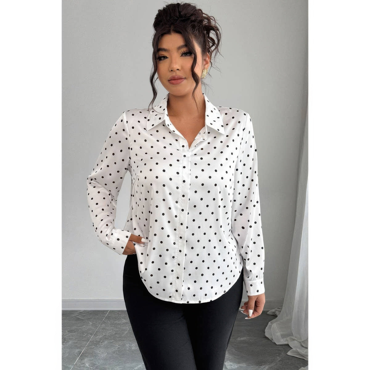 Plus Size Polka Dot Button Up Long Sleeve Shirt - Clusimo