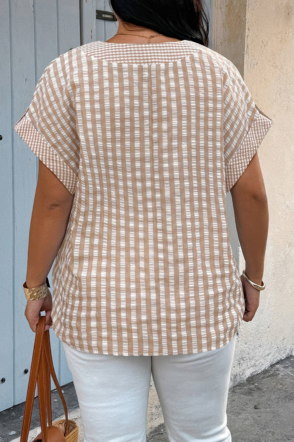Plus Size V Neck Textured Plaid Patchwork Blouse - Clusimo