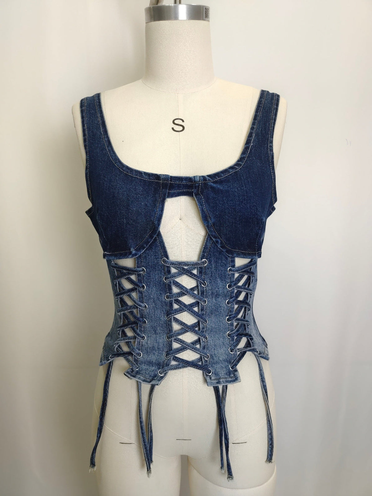 Rebel Stitch Lace-up Denim Corset Top - Clusimo