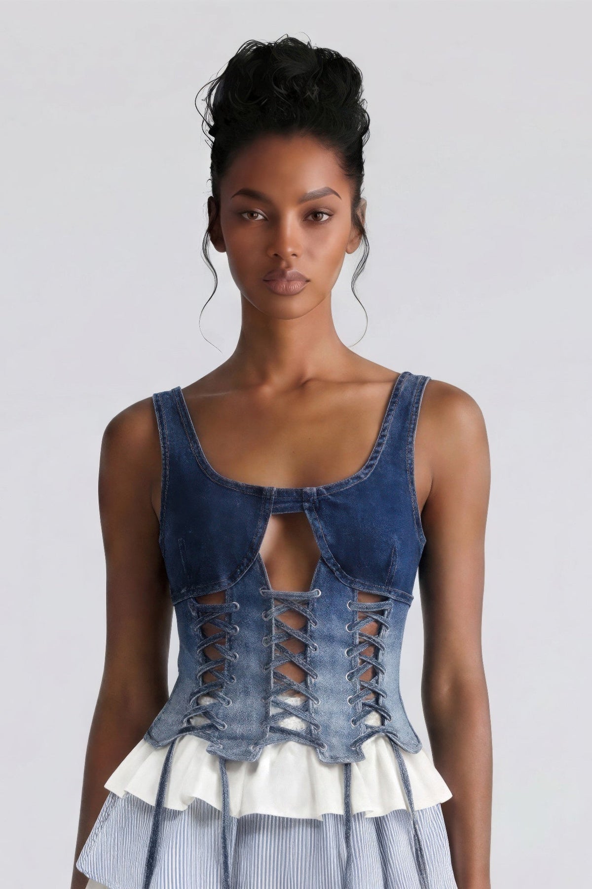Rebel Stitch Lace-up Denim Corset Top - Clusimo