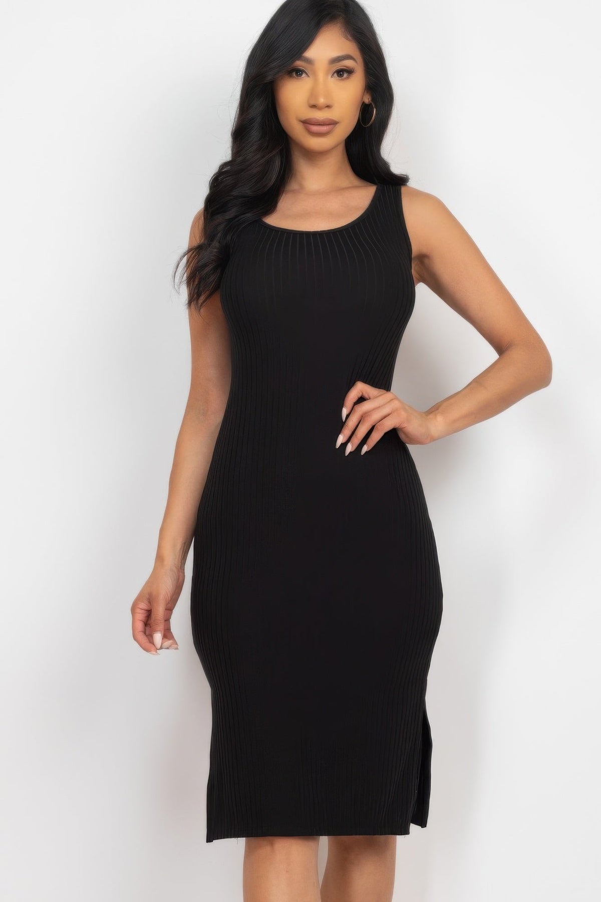 Ribbed Side Slit Tank Midi Dress - Clusimo