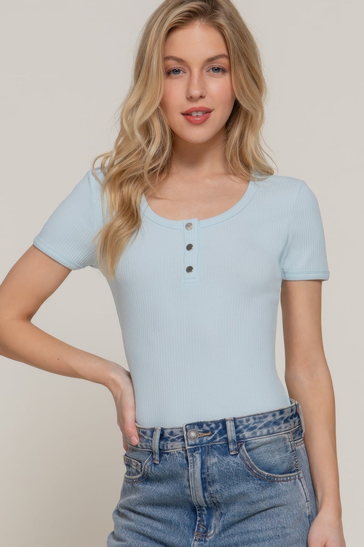Short Slv Snap Button Rib Bodysuit - Clusimo