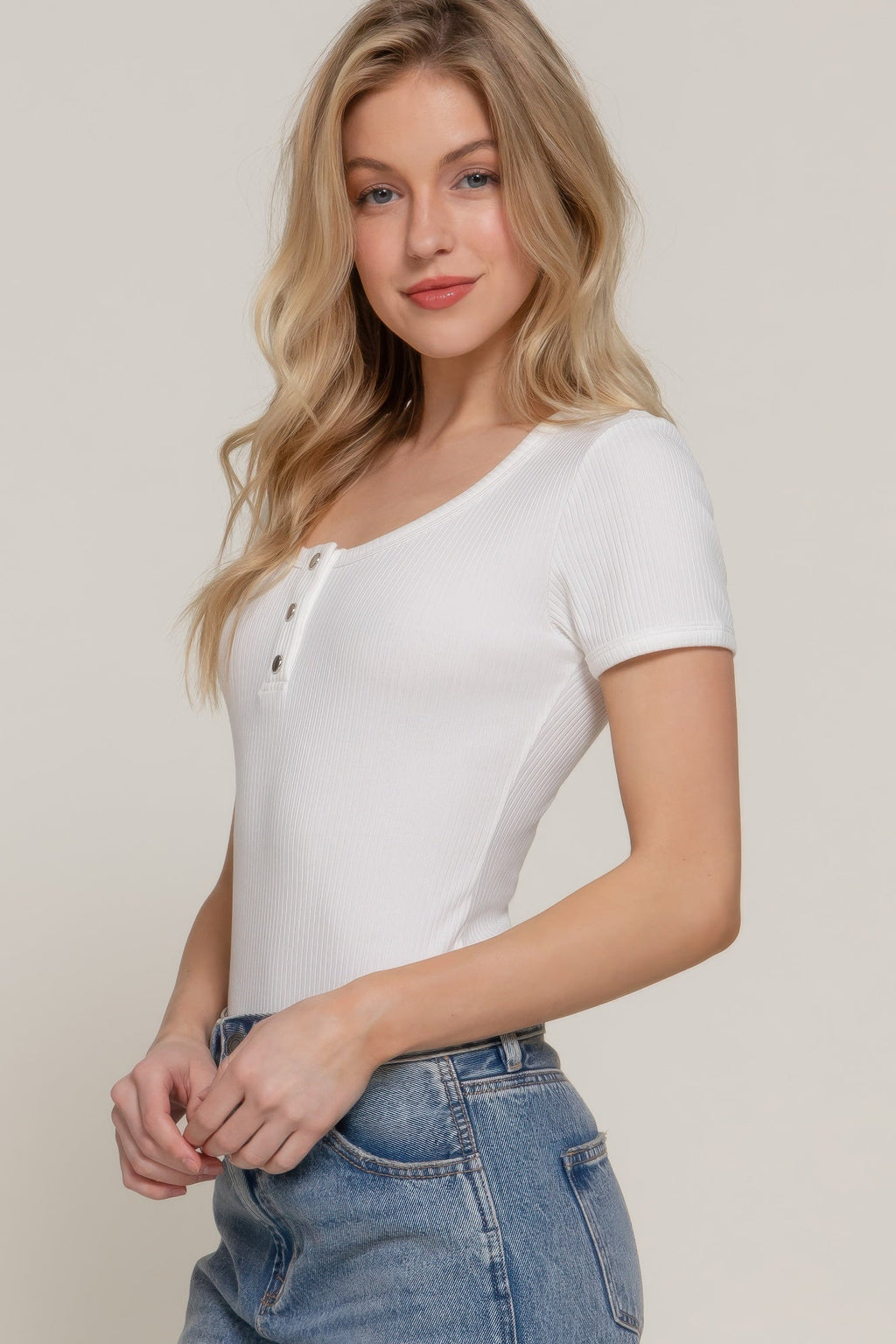 Short Slv Snap Button Rib Bodysuit - Clusimo