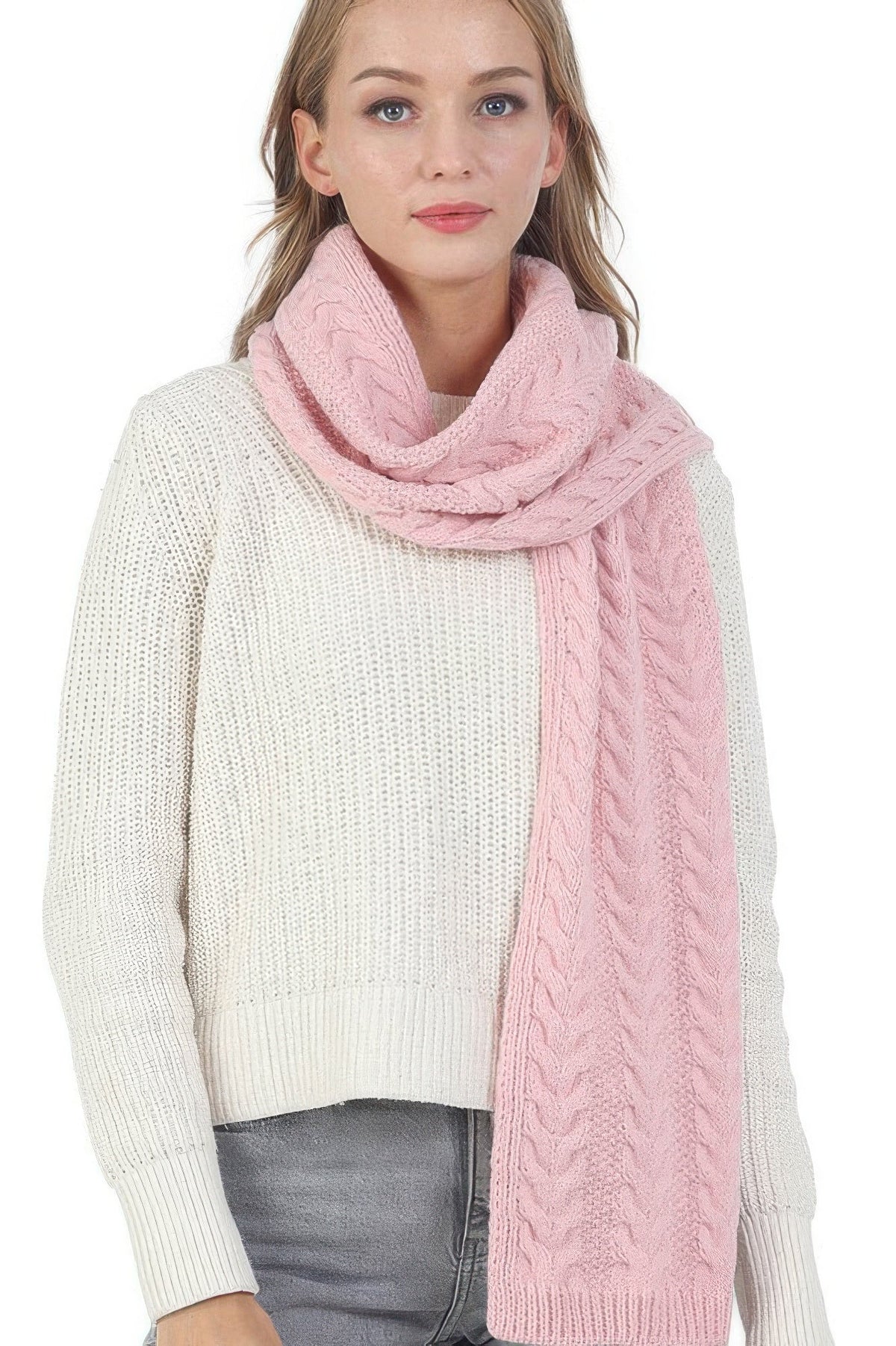 Solid Color Cable Knitted Scarf - Clusimo