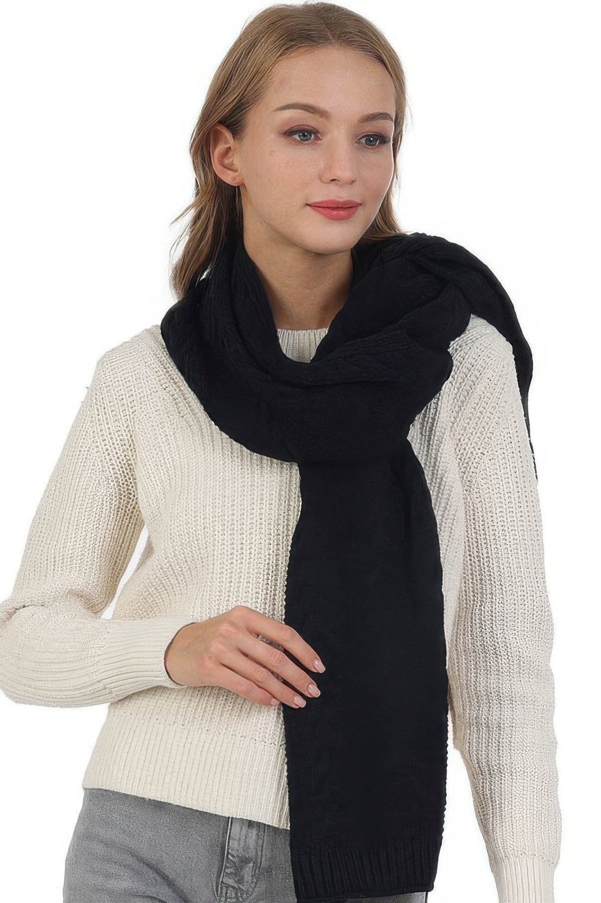 Solid Color Cable Knitted Scarf - Clusimo