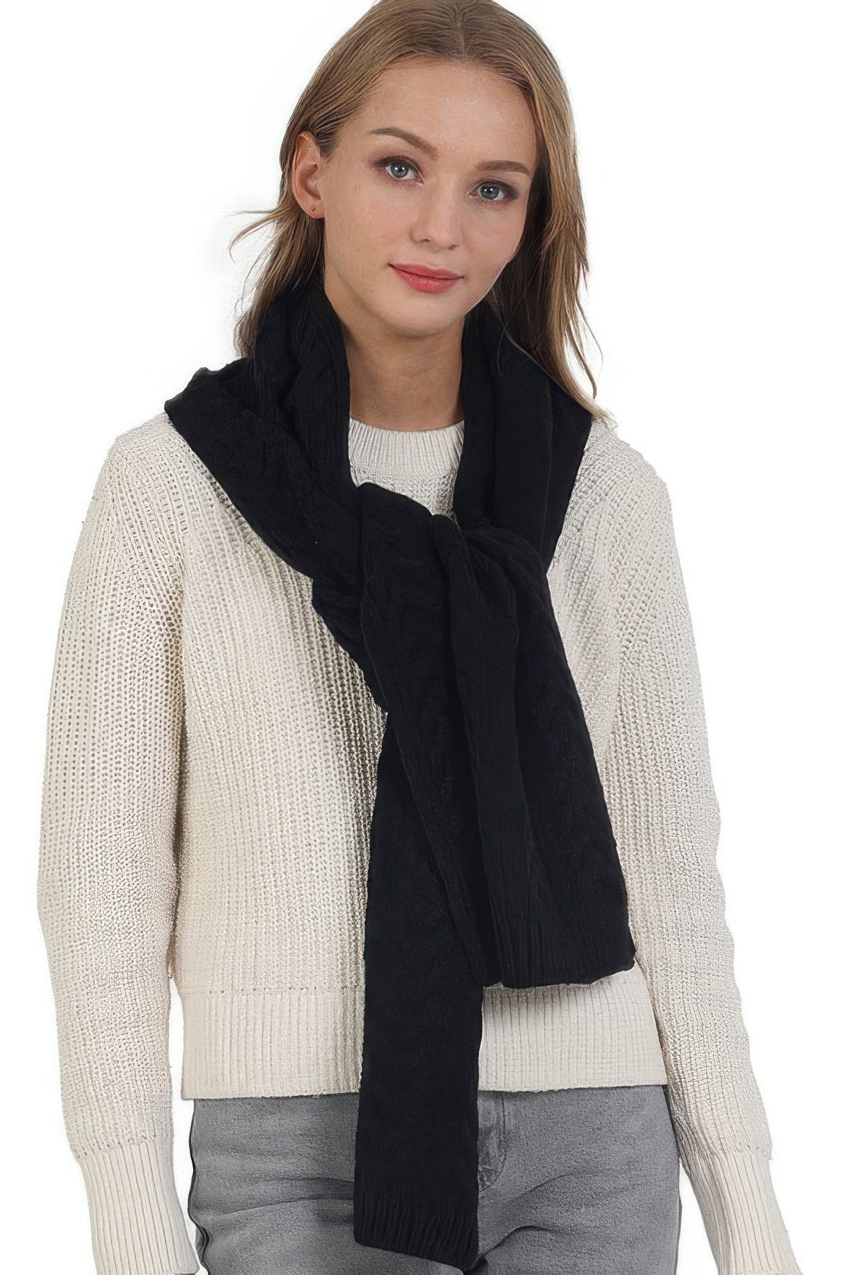 Solid Color Cable Knitted Scarf - Clusimo