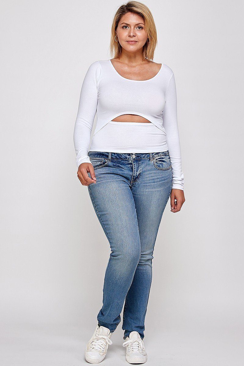 Solid Round Neck Top, With Long Sleeves, And Cut-out Detail - Clusimo